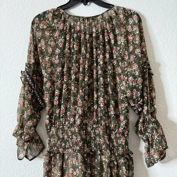 Zara Floral Beaded Mini Dress Small Peasant BOHO Festive Ruffle Smocked - Picture 5 of 15